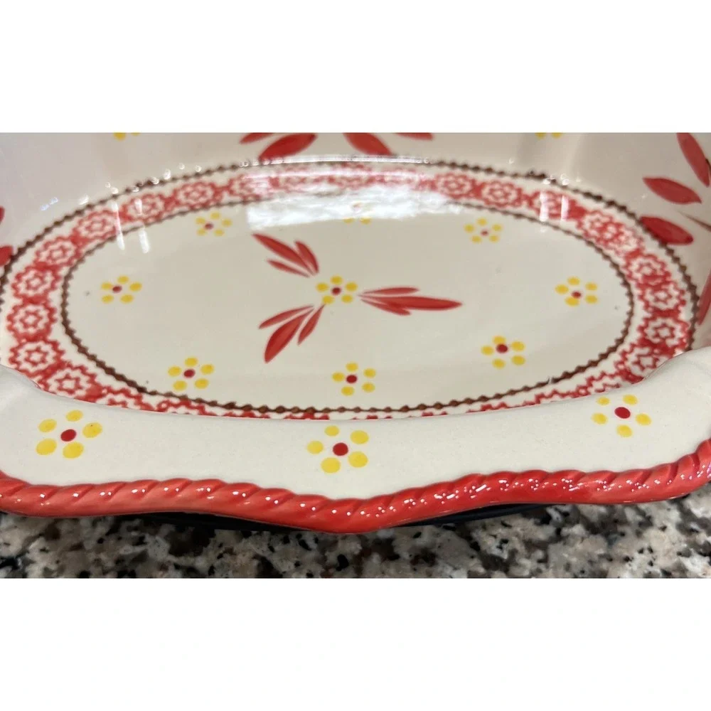 New Temp-tations Old World Red Oval Baking Dish 1.5 qt Casserole Dish W/Rack 13